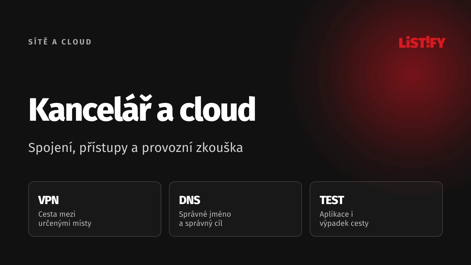 Sítě a VPN v cloudu: spojení kanceláře, oprávnění uživatelů a ověření dostupnosti aplikace.