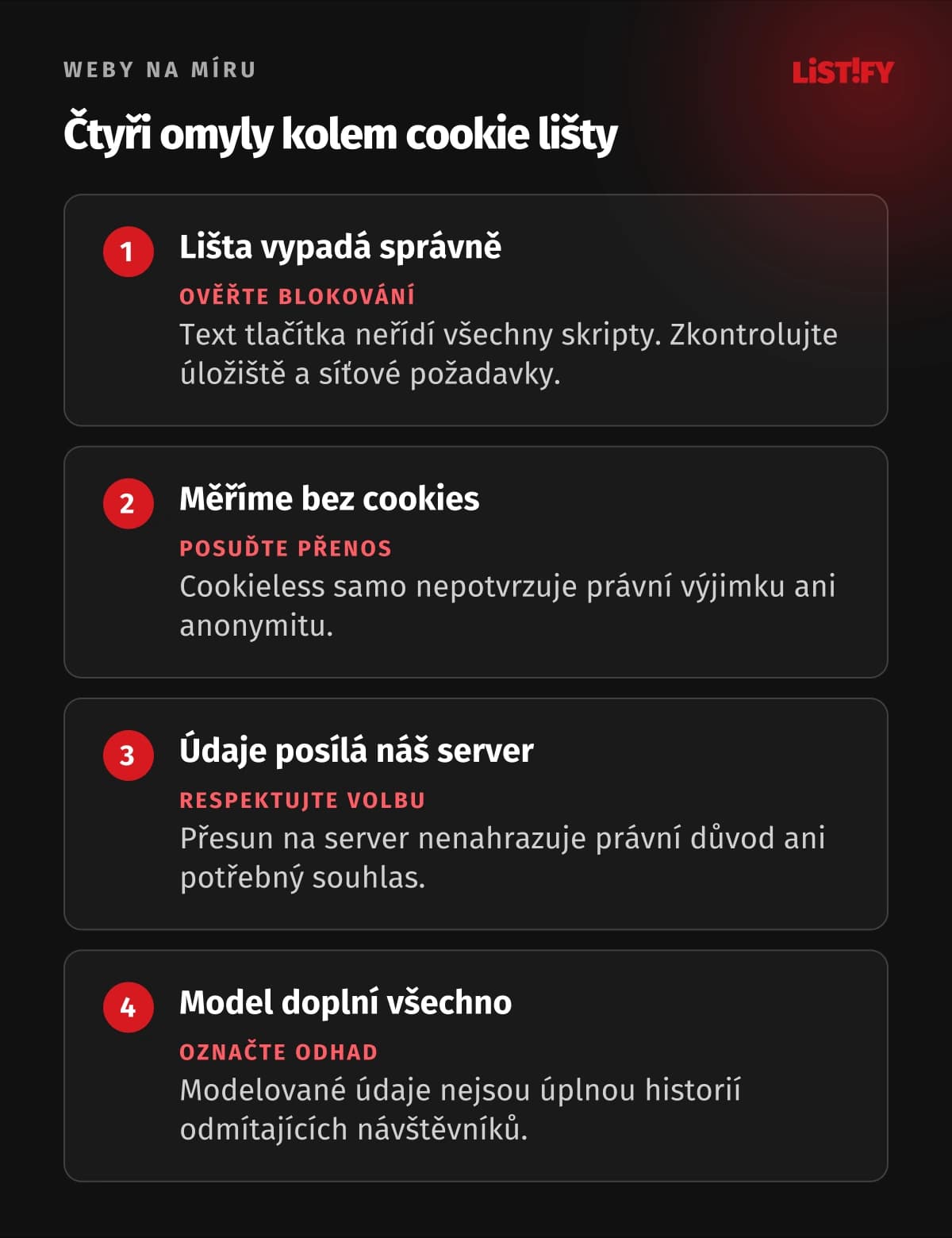 Čtyři omyly cookie lišty: vzhled není blokování, bez cookies není právní výjimka, server není obcházení a model není pozorování