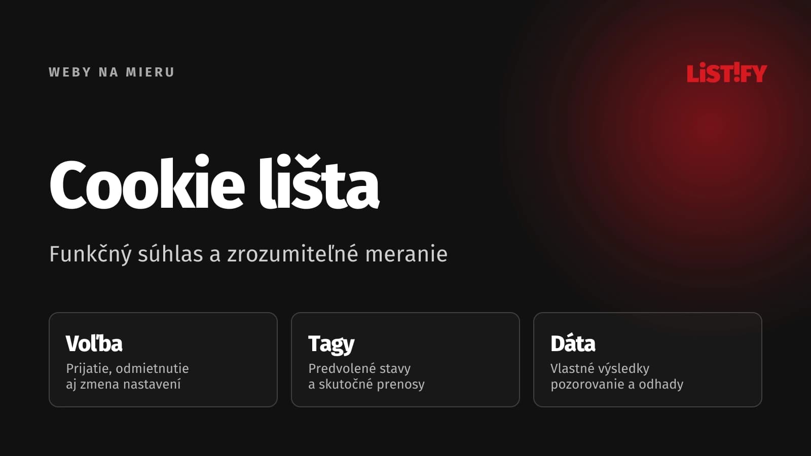 Cookie lišta s voľbou prijatia, odmietnutia a nastavení súhlasu