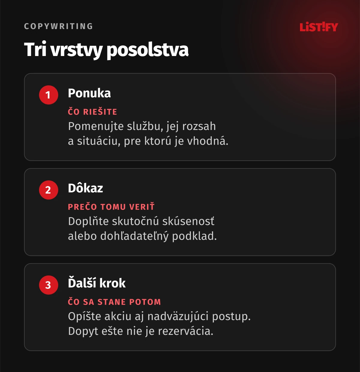 Tri úrovne posolstva: ponuka, dôkaz a ďalší krok, každá s vlastnou otázkou.