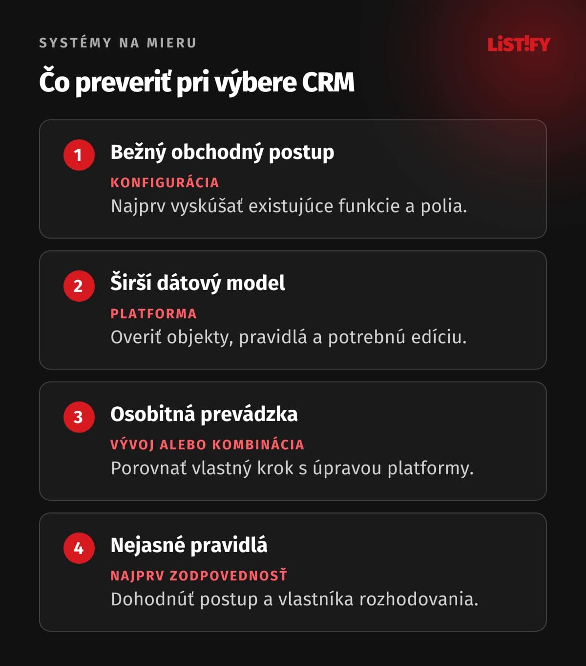 Štyri situácie pri výbere CRM: štandardný obchodný postup, širší dátový model, osobitná prevádzka a nejasné pravidlá
