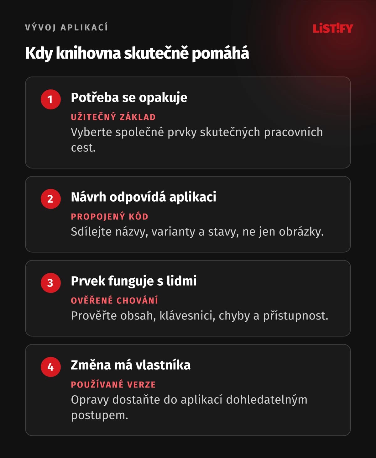 Čtyři podmínky funkčního design systému: opakovaná potřeba, návrh odpovídající kódu, ověřené chování a vlastník změn