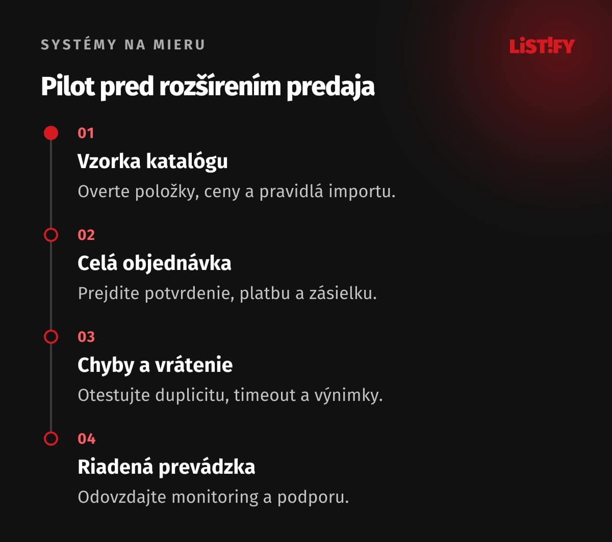 Pilot integrácie dodávateľa od vzorky katalógu cez skúšobnú objednávku po kontrolu výnimiek a rozšírenie.