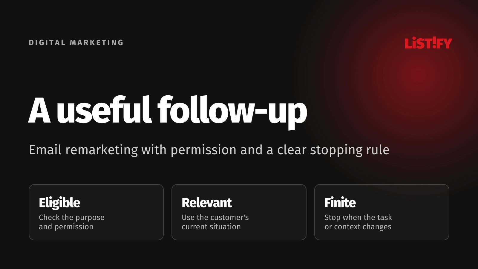 Email remarketing decisions about permission, current customer activity, timing, and reliable stopping rules