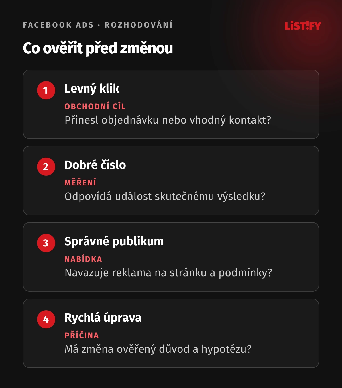 Čtyři oblasti kontroly Facebook Ads: obchodní cíl, správné měření, kvalita nabídky a odpovídající změna kampaně.