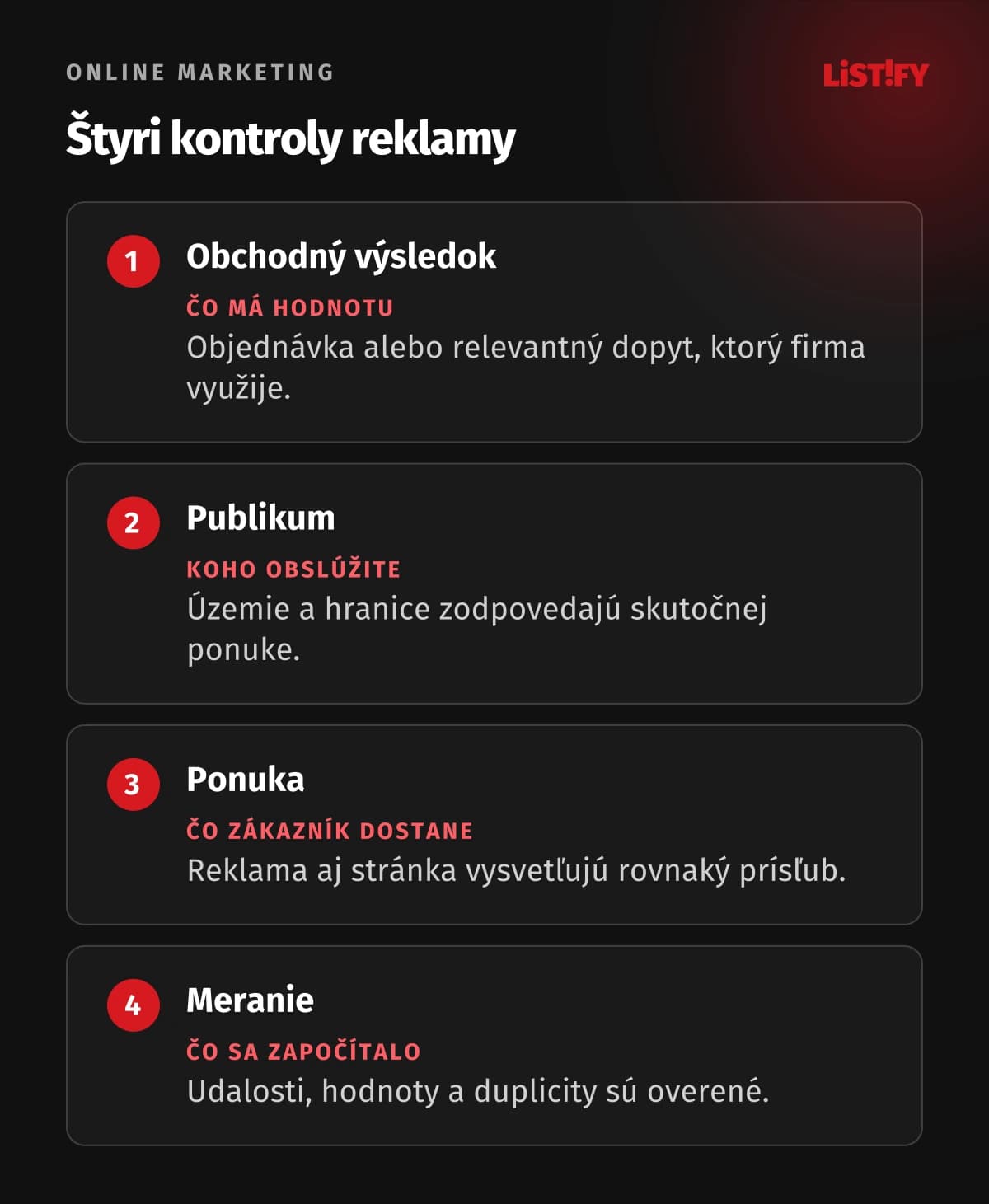 Štyri kontroly Facebook Ads: výsledok, publikum, ponuka a meranie