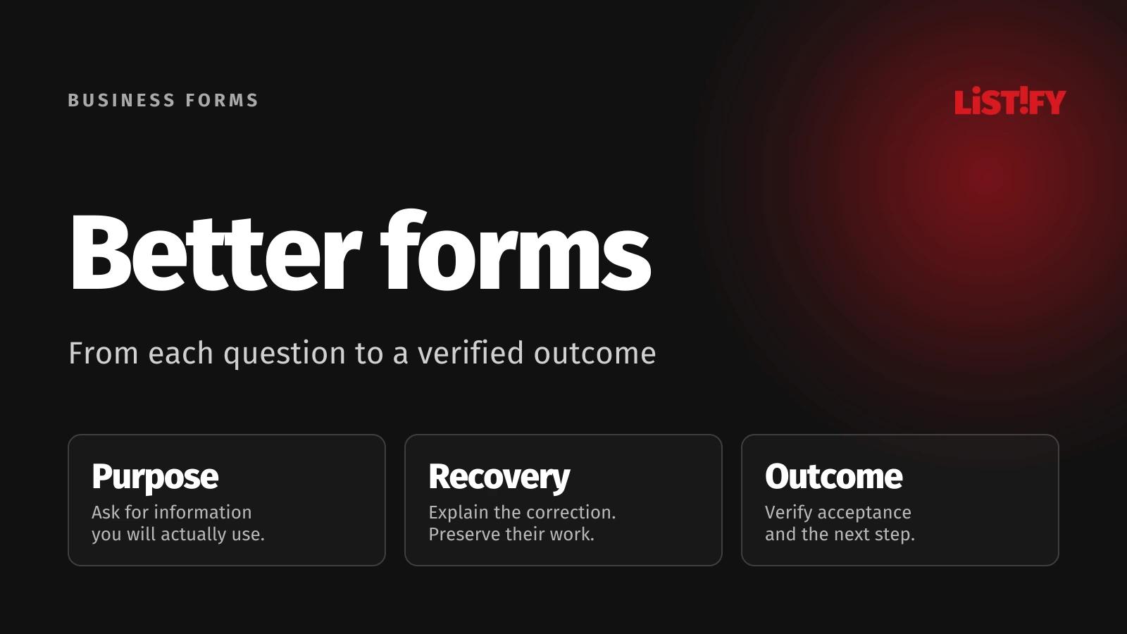 Form design: necessary questions, understandable corrections and verified acceptance