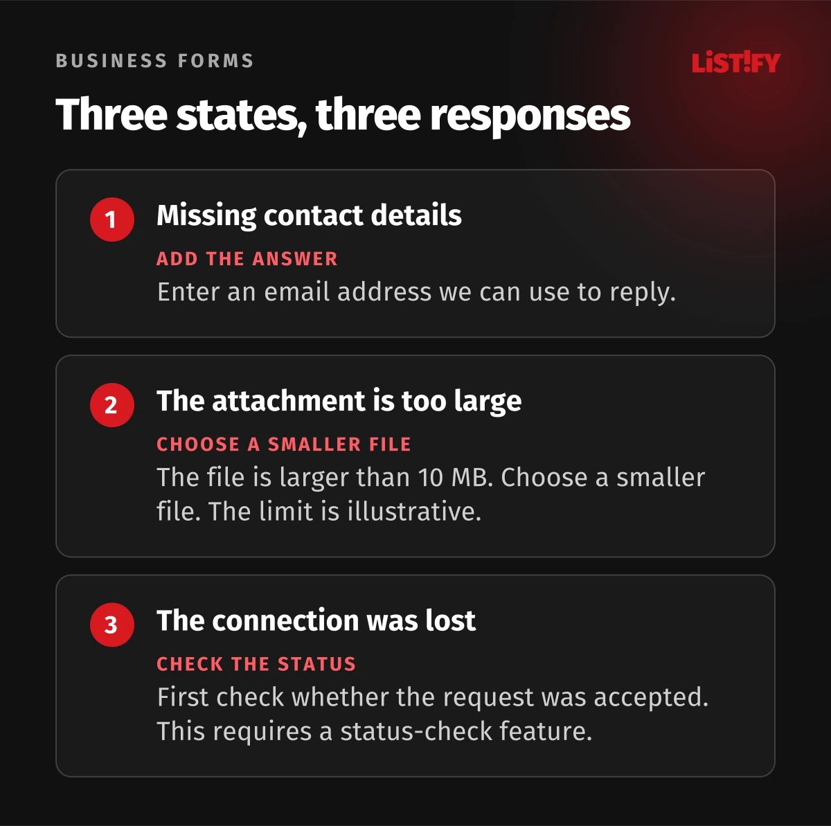 Three different responses: correcting a missing email, choosing a smaller file and checking status after a connection loss