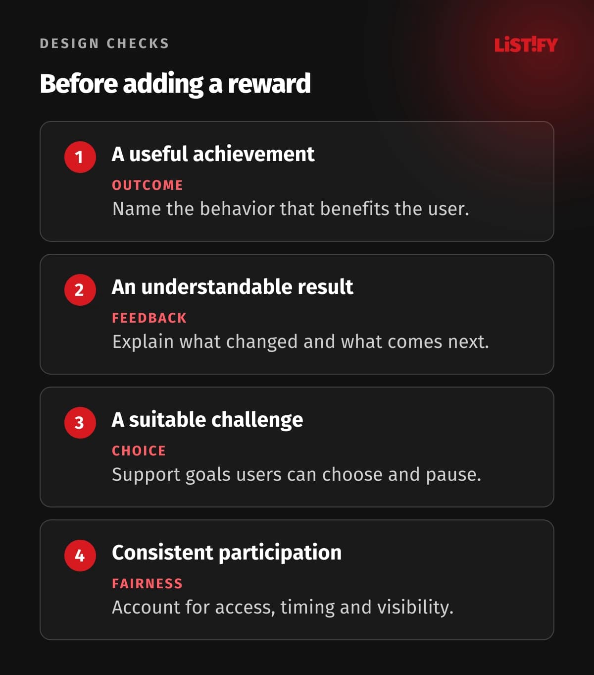 Four gamification design checks: useful outcome, meaningful feedback, user choice and fair rules