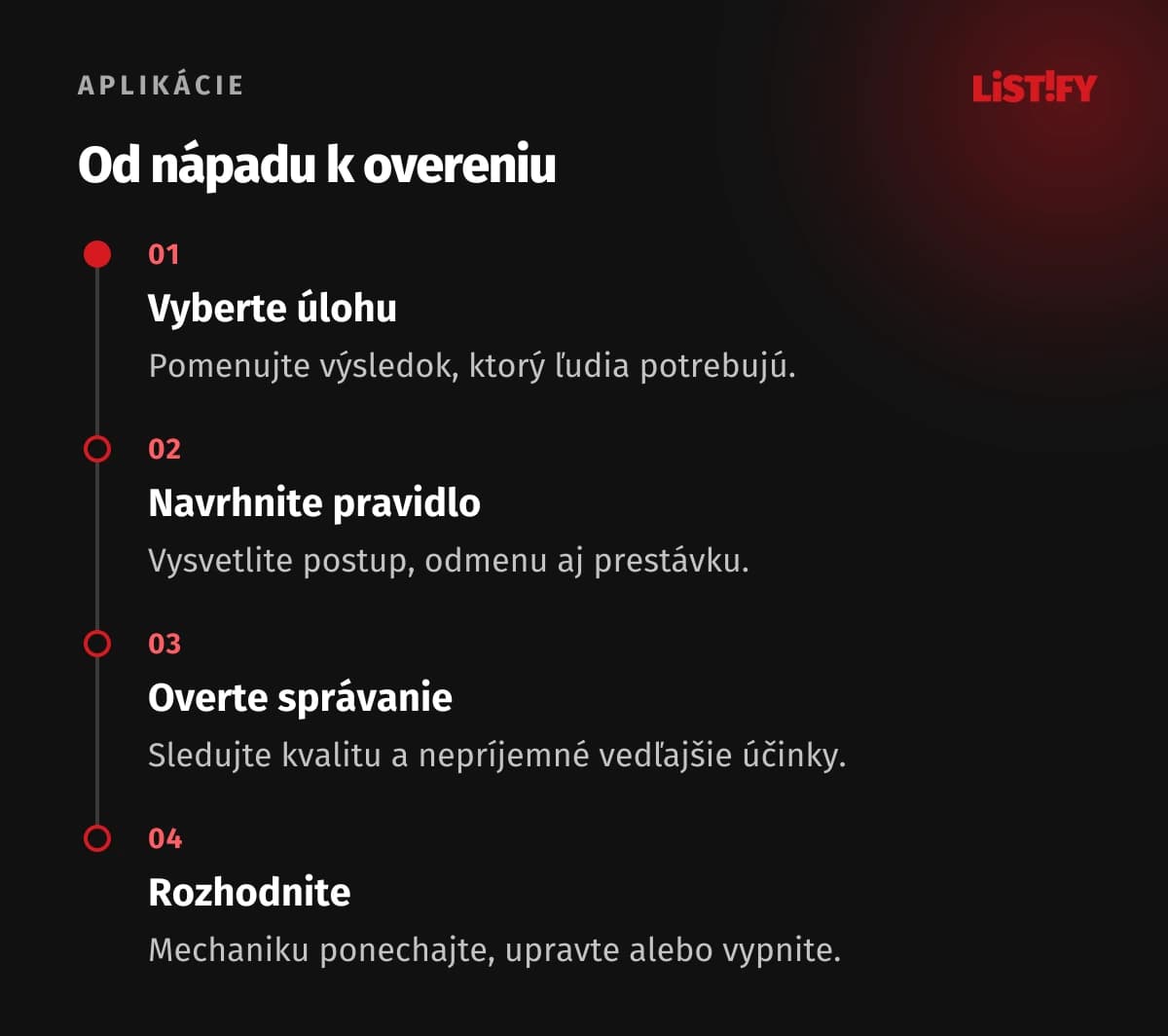 Postup overenia gamifikácie od výberu úlohy cez pravidlá po rozhodnutie.