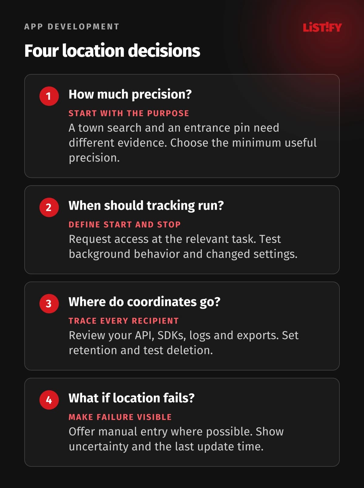 Four location decisions: precision, tracking period, data recipients and a usable fallback