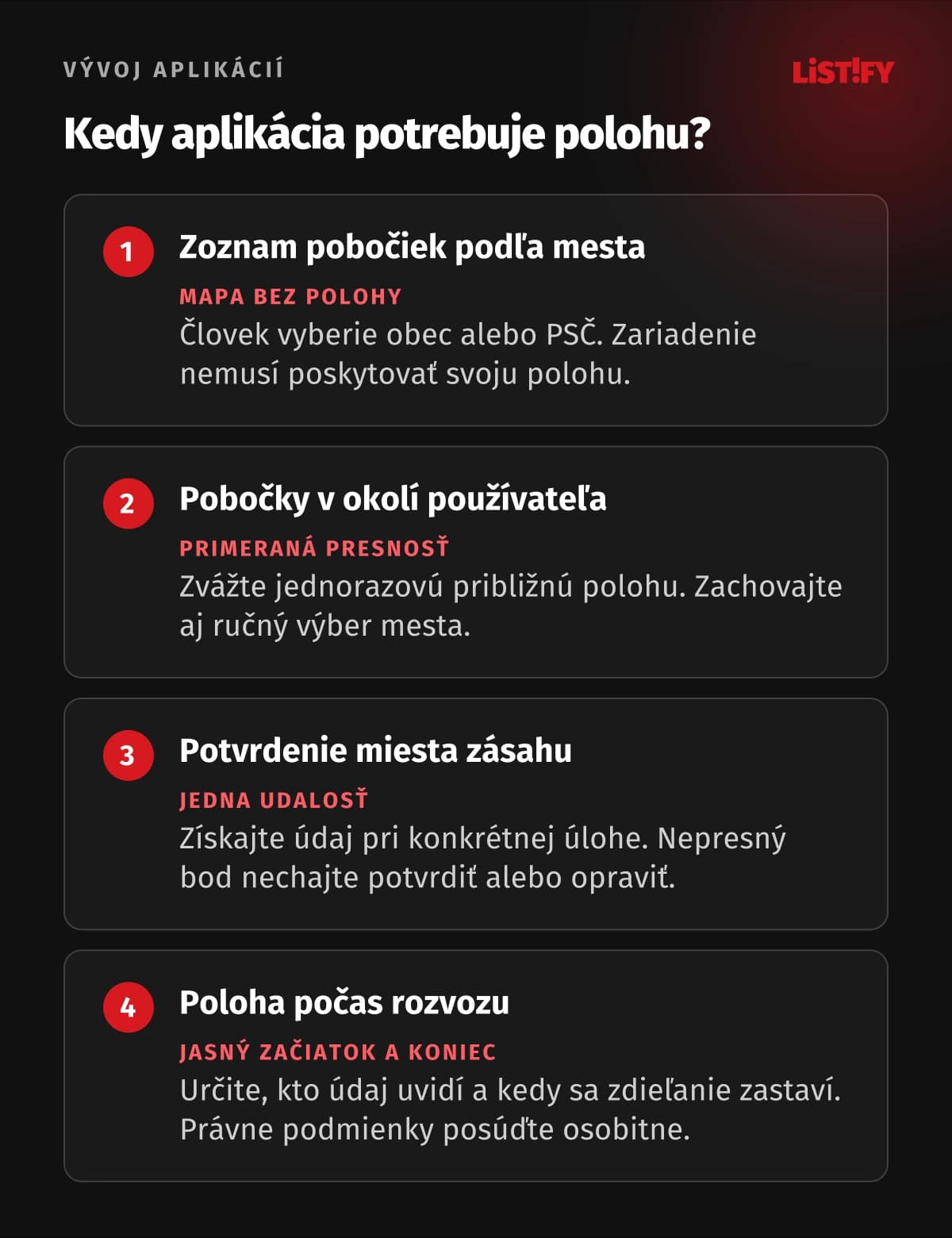 Štyri situácie pre polohu v aplikácii: mapa podľa mesta, pobočky v okolí, potvrdenie zásahu a aktívny rozvoz