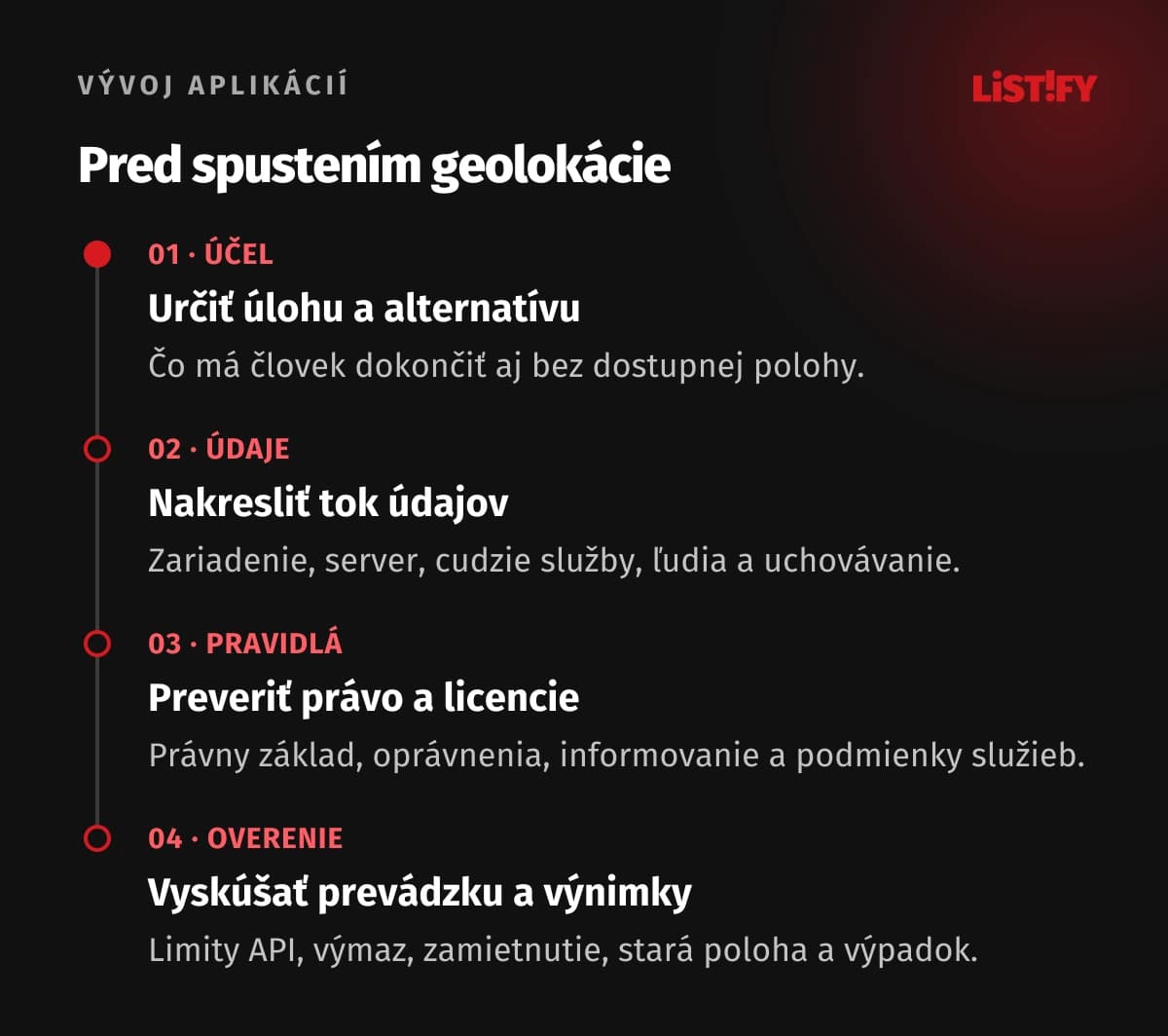 Príprava geolokácie: určenie úlohy, tok údajov, právo a licencie, test prevádzky a výnimiek