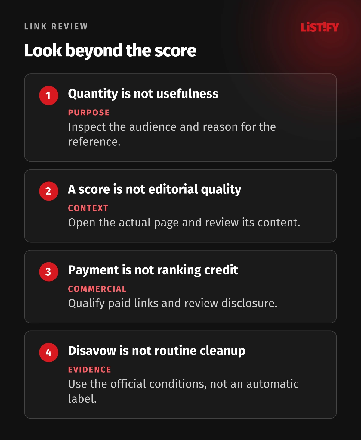 Four link building distinctions: quantity is not usefulness, an authority score is not editorial quality, payment is not permitted ranking credit, and disavow is not routine cleanup