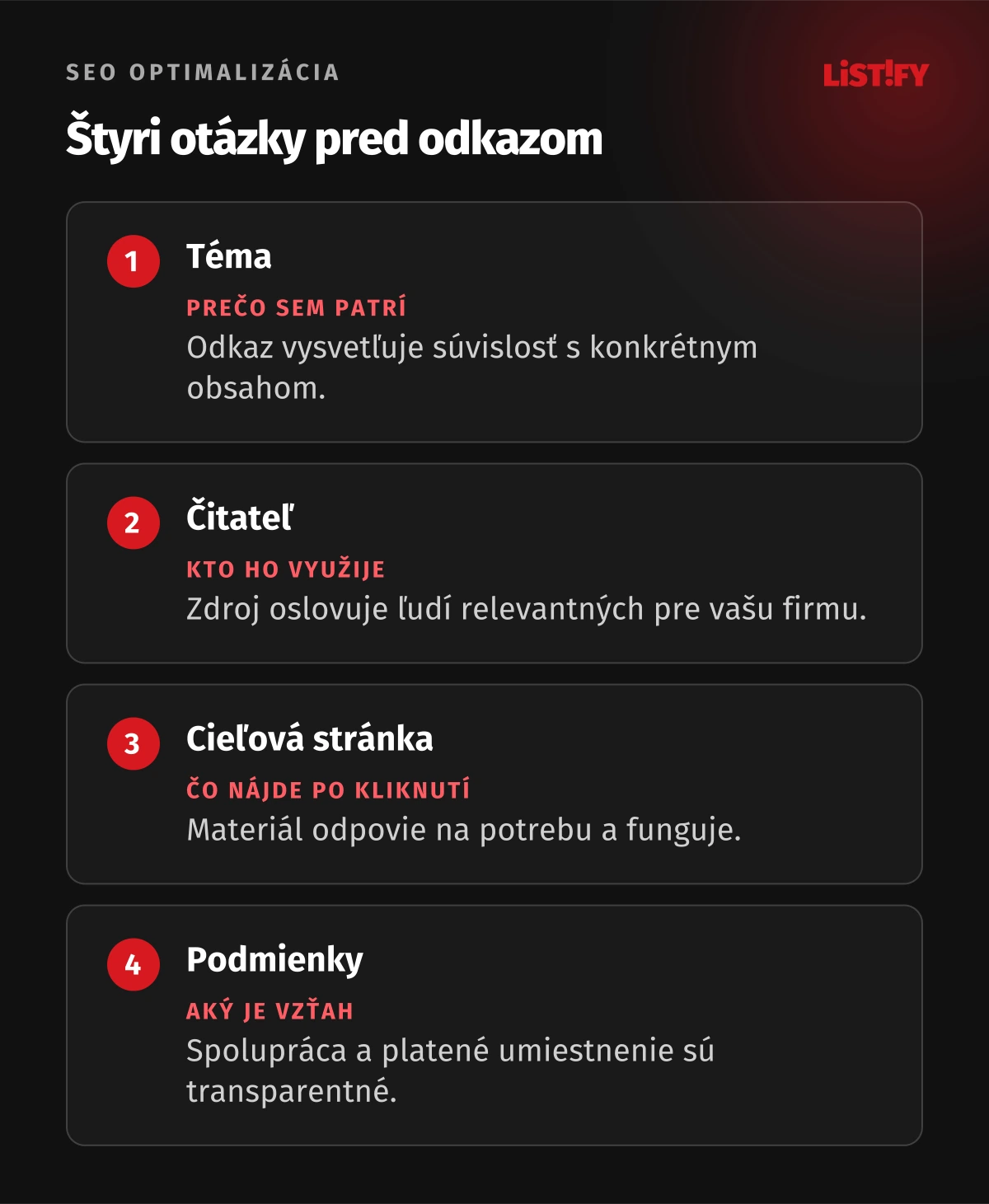 Štyri otázky k odkazu: téma, čitateľ, cieľová stránka a podmienky