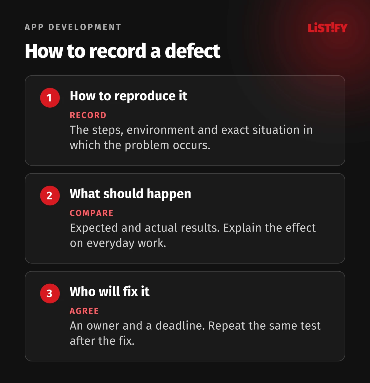 How to record a defect. A defect record should support both reproduction and verification of the fix.