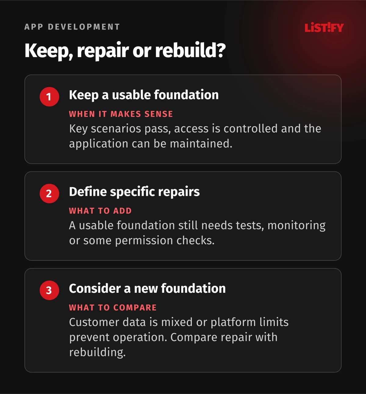 Keep, repair or rebuild? Choose the next step from evidence about the application.