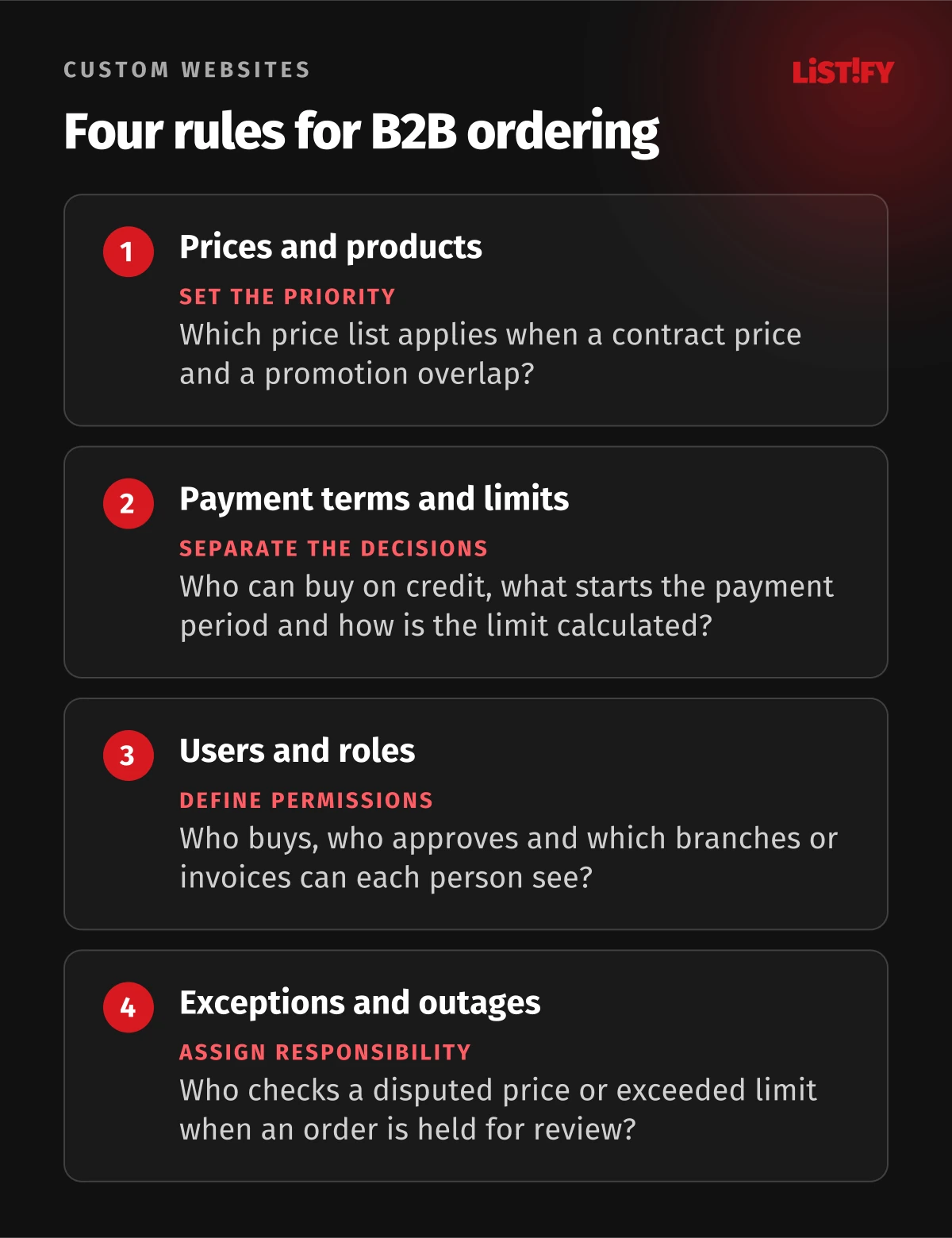 Four rules for B2B ordering. Turn trading rules into explicit decisions in the project brief.