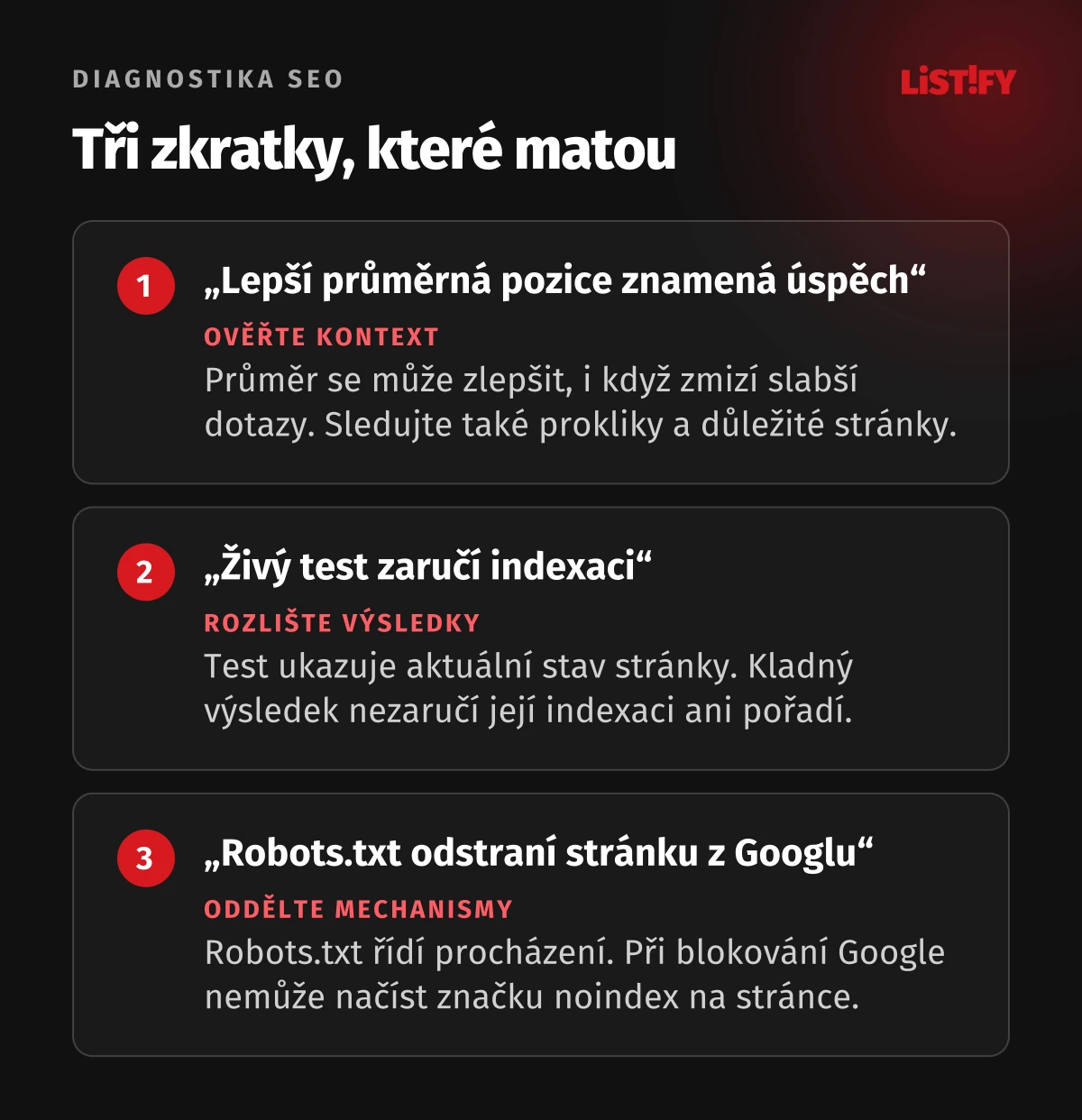 Tři diagnostické omyly: Samotná průměrná pozice nestačí, živý test nezaručuje indexaci a robots.txt řídí procházení.