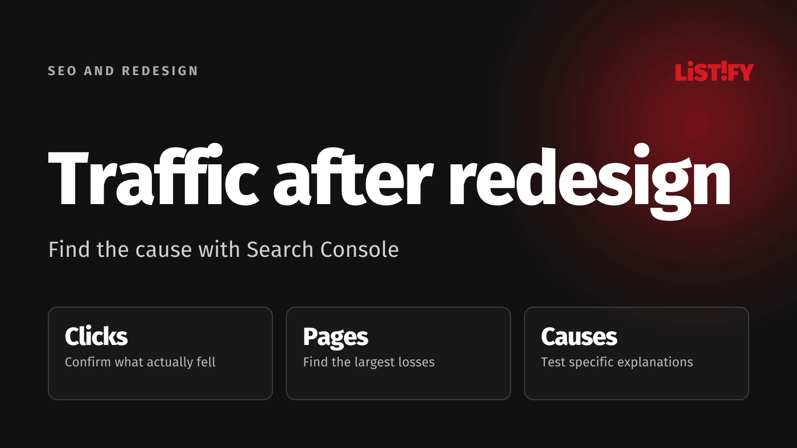 Traffic after redesign: Check clicks, locate affected pages and investigate causes in Search Console.