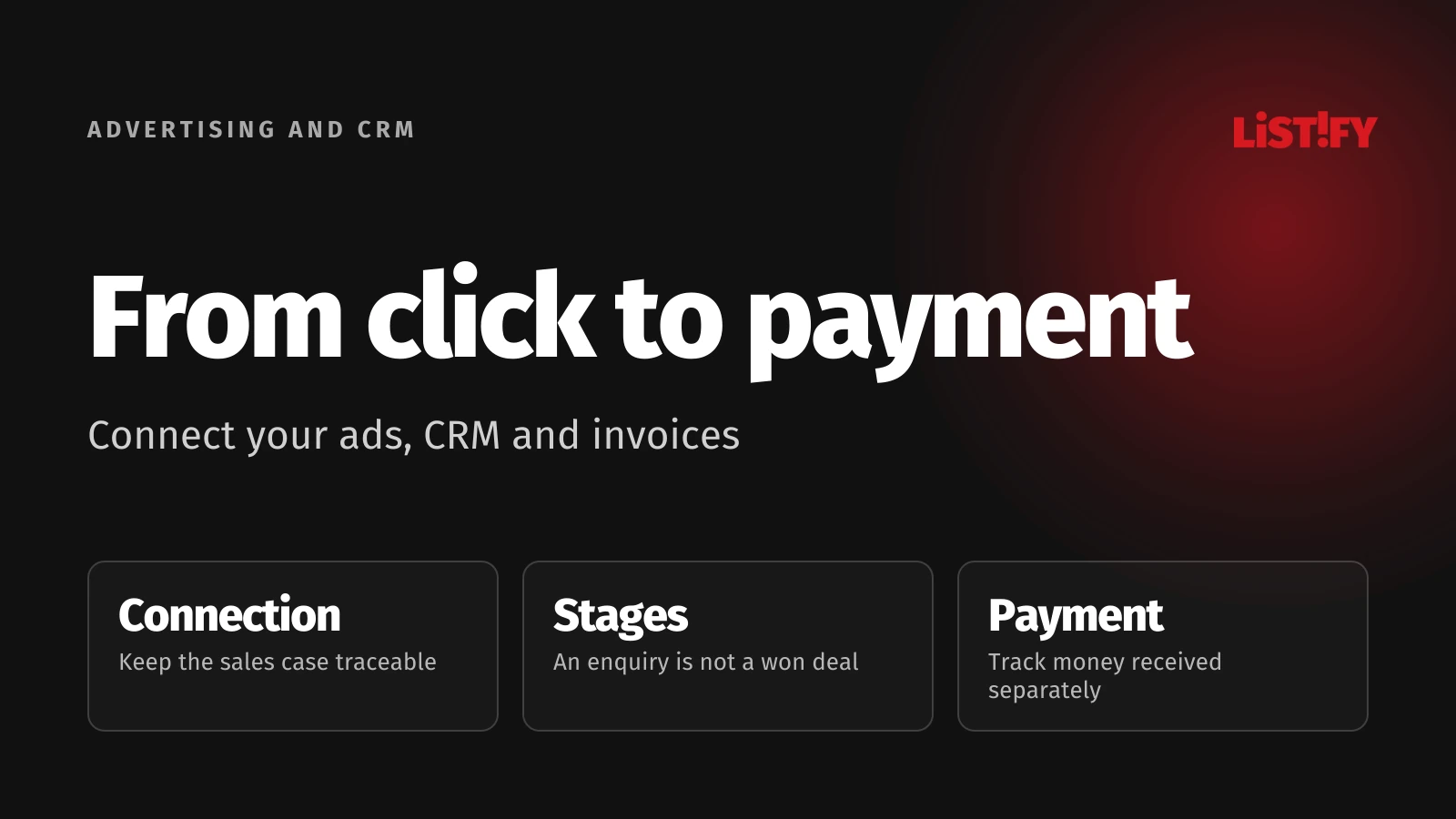 From click to payment: Connect the advertising source, sales stages and paid invoice.