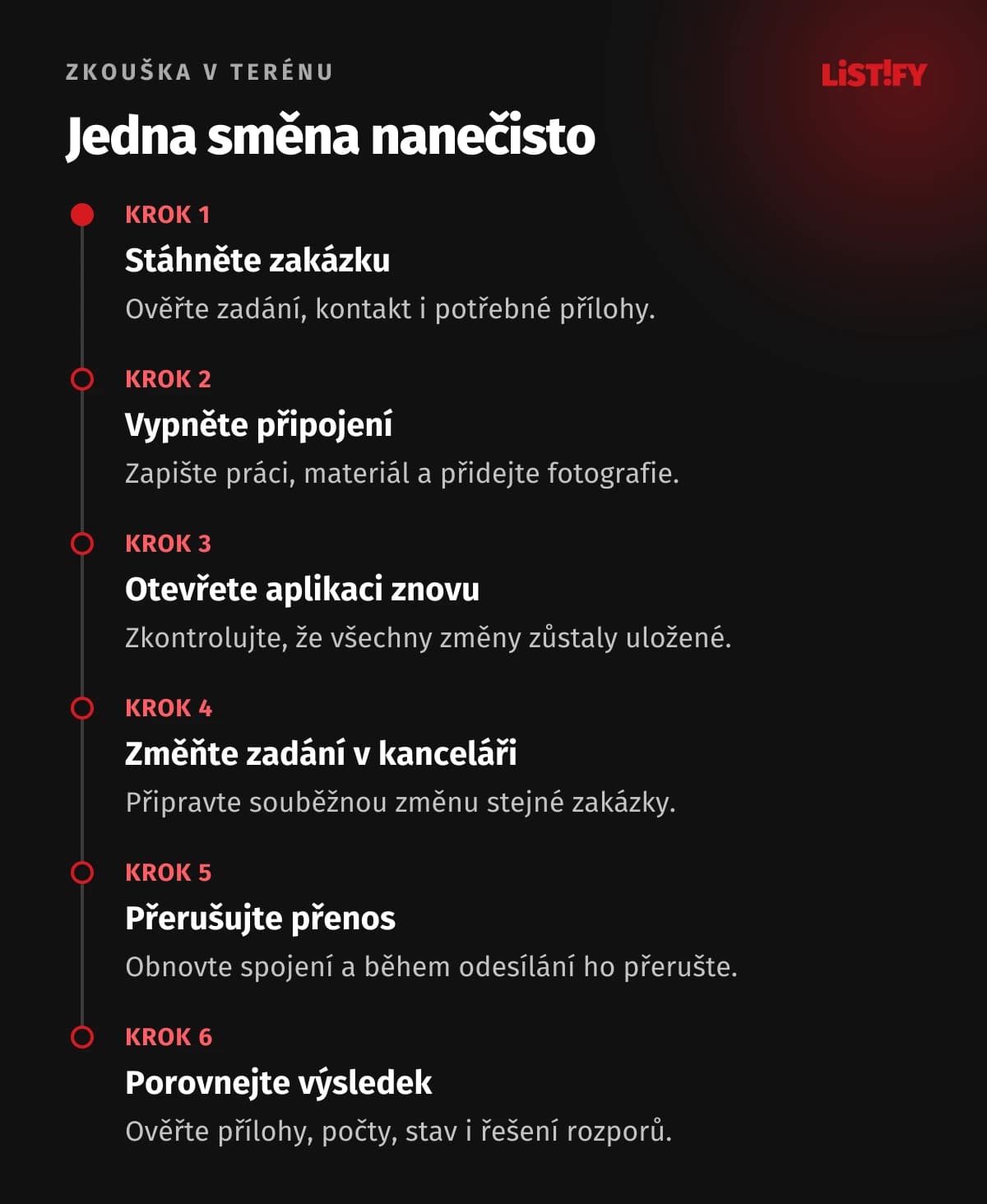 Zkouška offline směny: Stáhnout zakázku, vypnout připojení, znovu otevřít aplikaci, souběžně upravit zadání, přerušit přenos a porovnat výsledek.