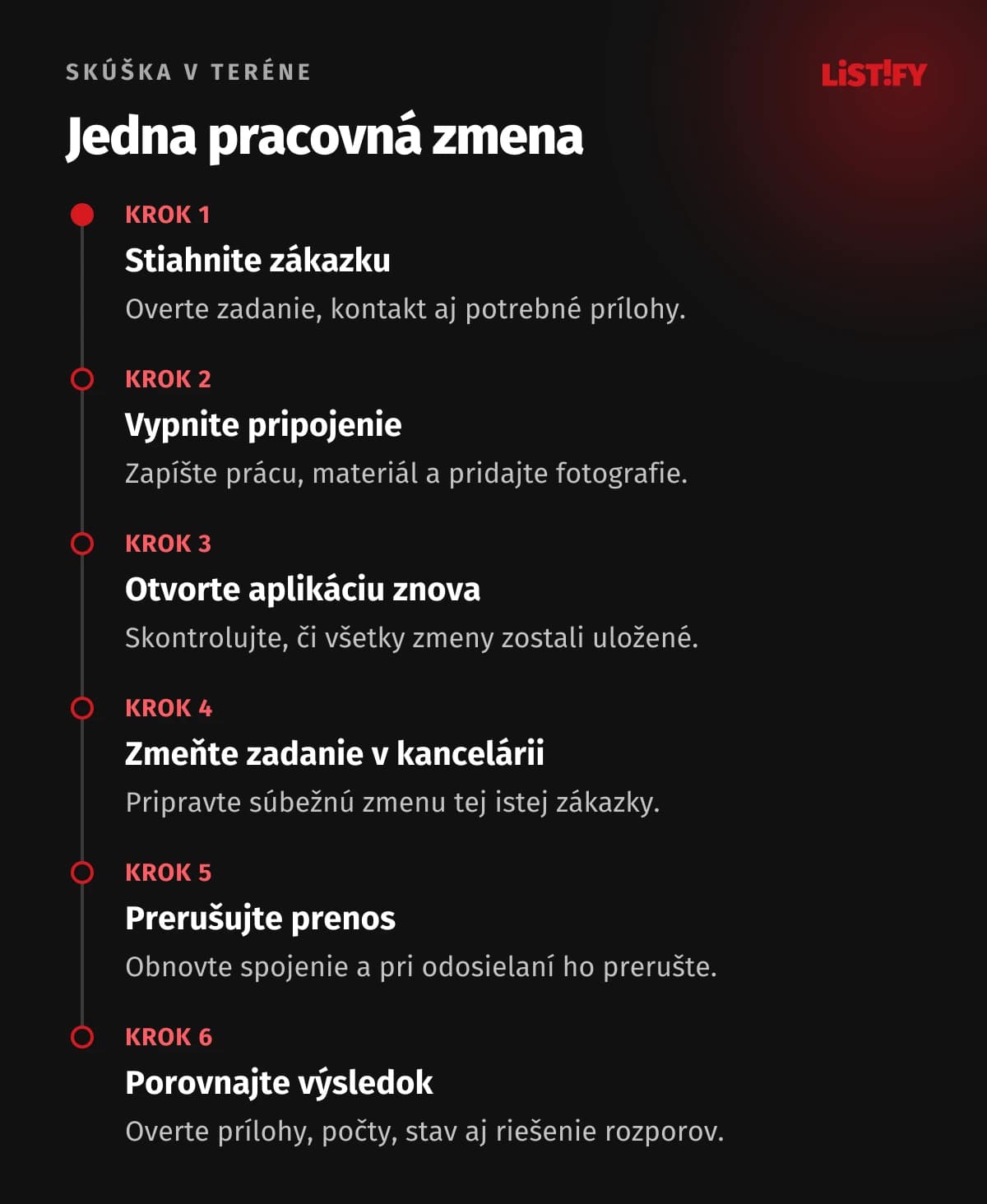 Skúška offline zmeny: Stiahnuť zákazku, vypnúť pripojenie, znova otvoriť aplikáciu, súbežne upraviť zadanie, prerušiť prenos a porovnať výsledok.