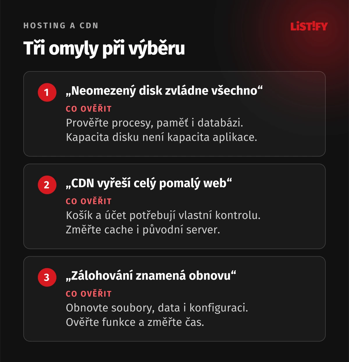 Tři kontroly: Výkonové limity, správná cache a obnova celého projektu.
