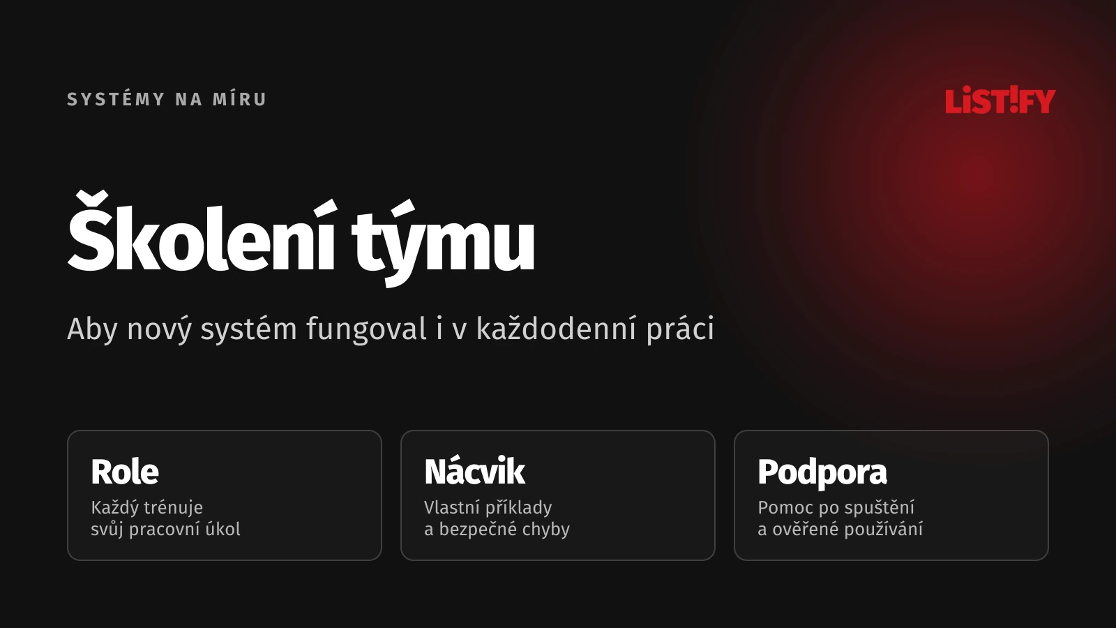 Školení týmu na nový systém: Role, vlastní nácvik a podpora po spuštění.