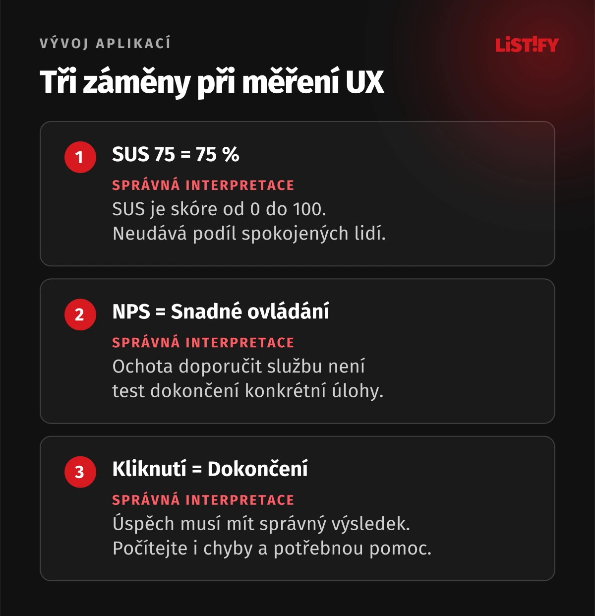 Tři záměny metrik UX: SUS není procento, NPS není test ovládání a kliknutí není dokončená úloha.