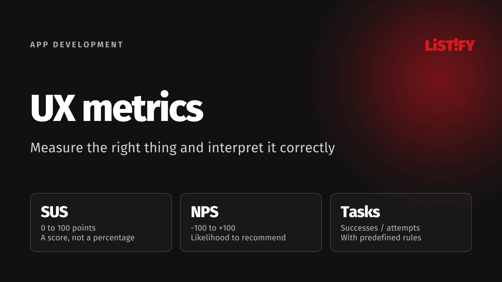UX metrics: SUS scores, NPS recommendation and successful task completion.