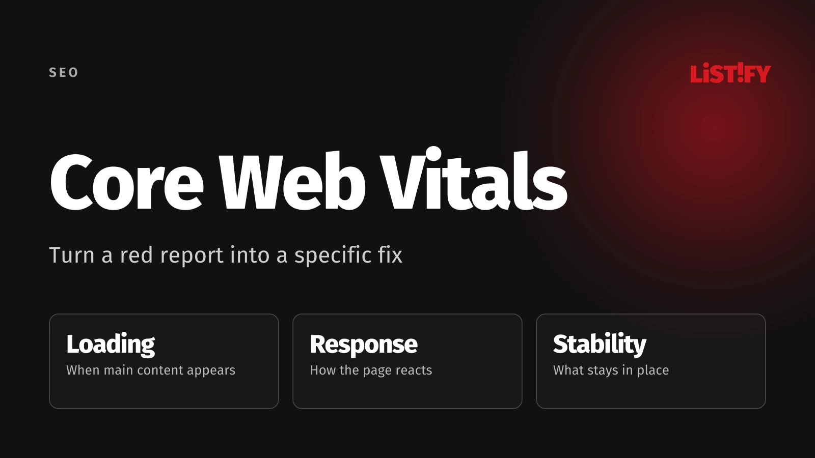 Core Web Vitals: Loading main content, responding to interactions and keeping the layout stable.