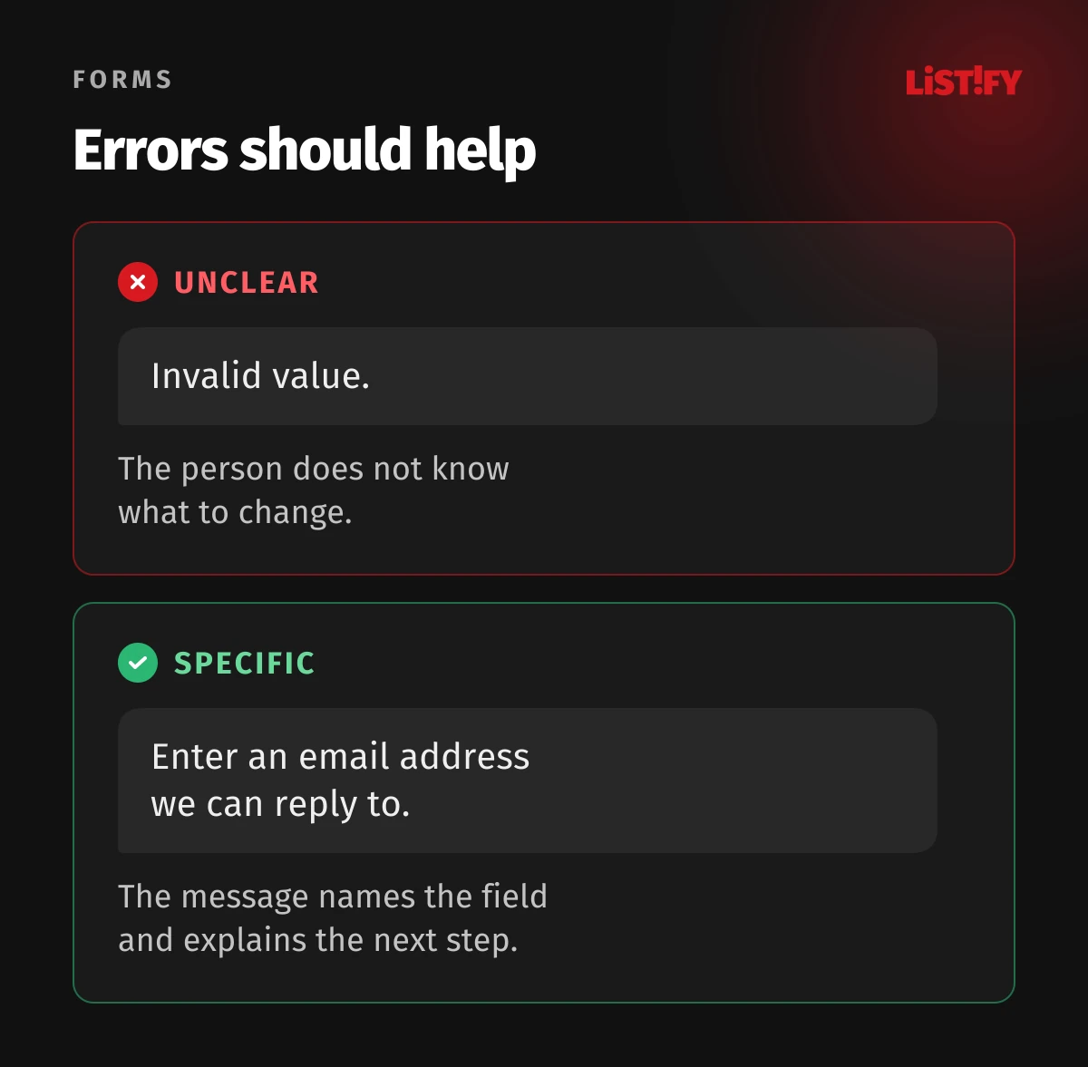 Comparison of a vague error with an actionable request for an email address.