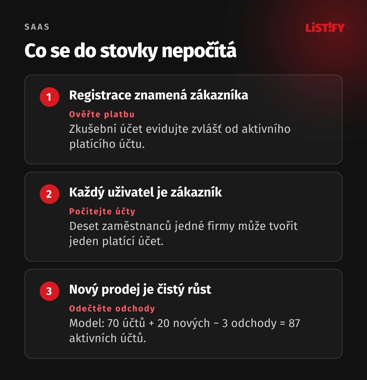 Tři rozlišení pro měření SaaS: registrace není platba, uživatel není vždy zákazník a nový prodej není čistý růst.