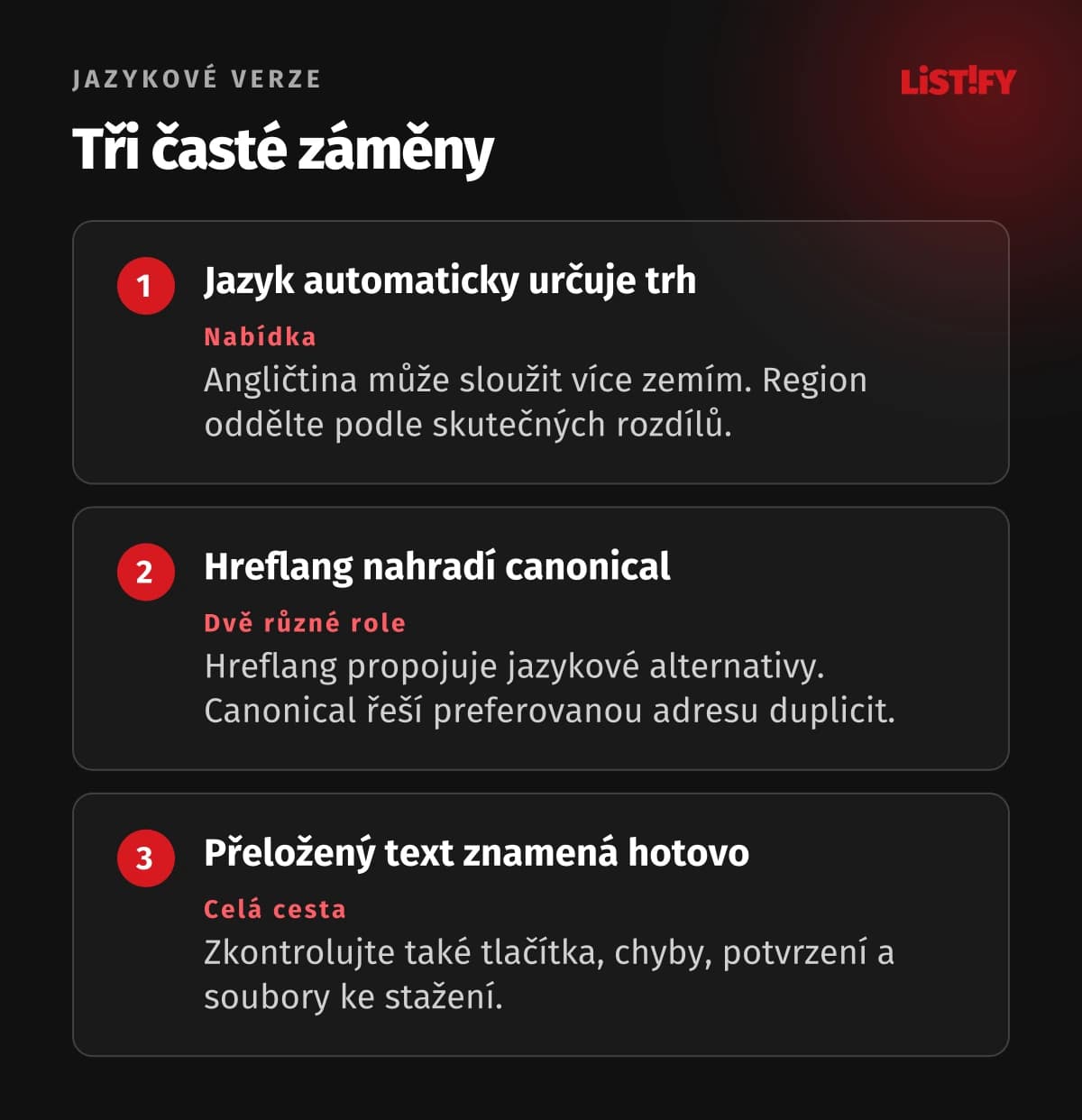Tři záměny: jazyk není země, hreflang není canonical a překlad textu není hotová jazyková cesta.