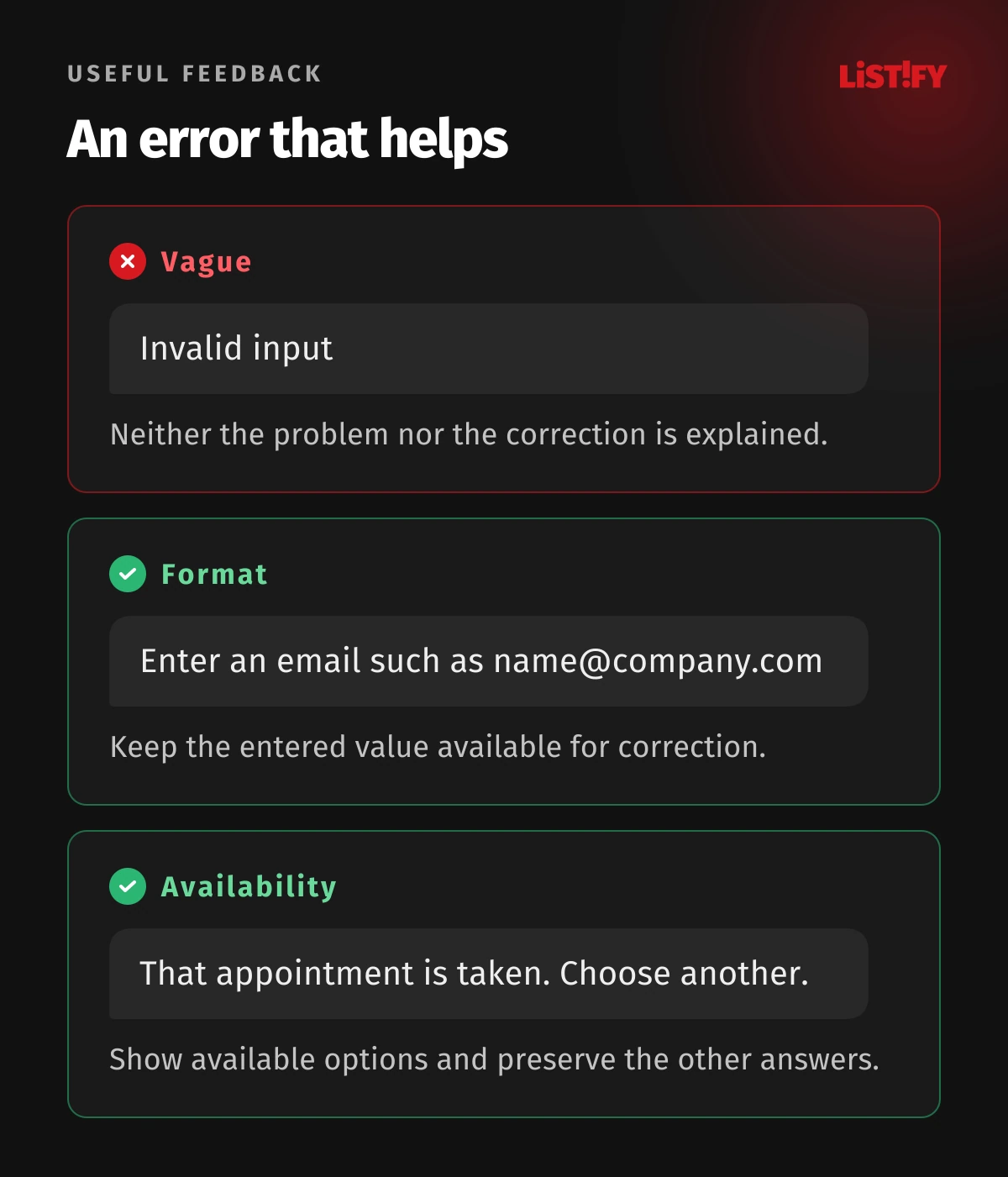 One vague error contrasted with two actionable messages explaining how to correct the problem.