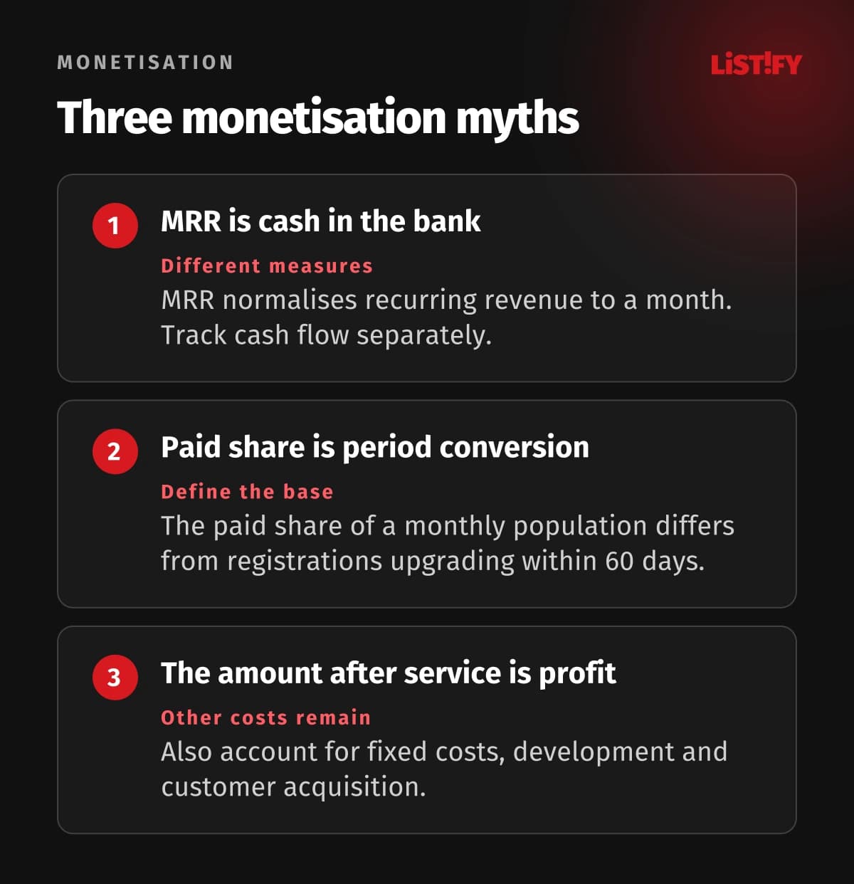 MRR differs from cash, paid share differs from conversion over time, and the amount after variable costs is not profit.
