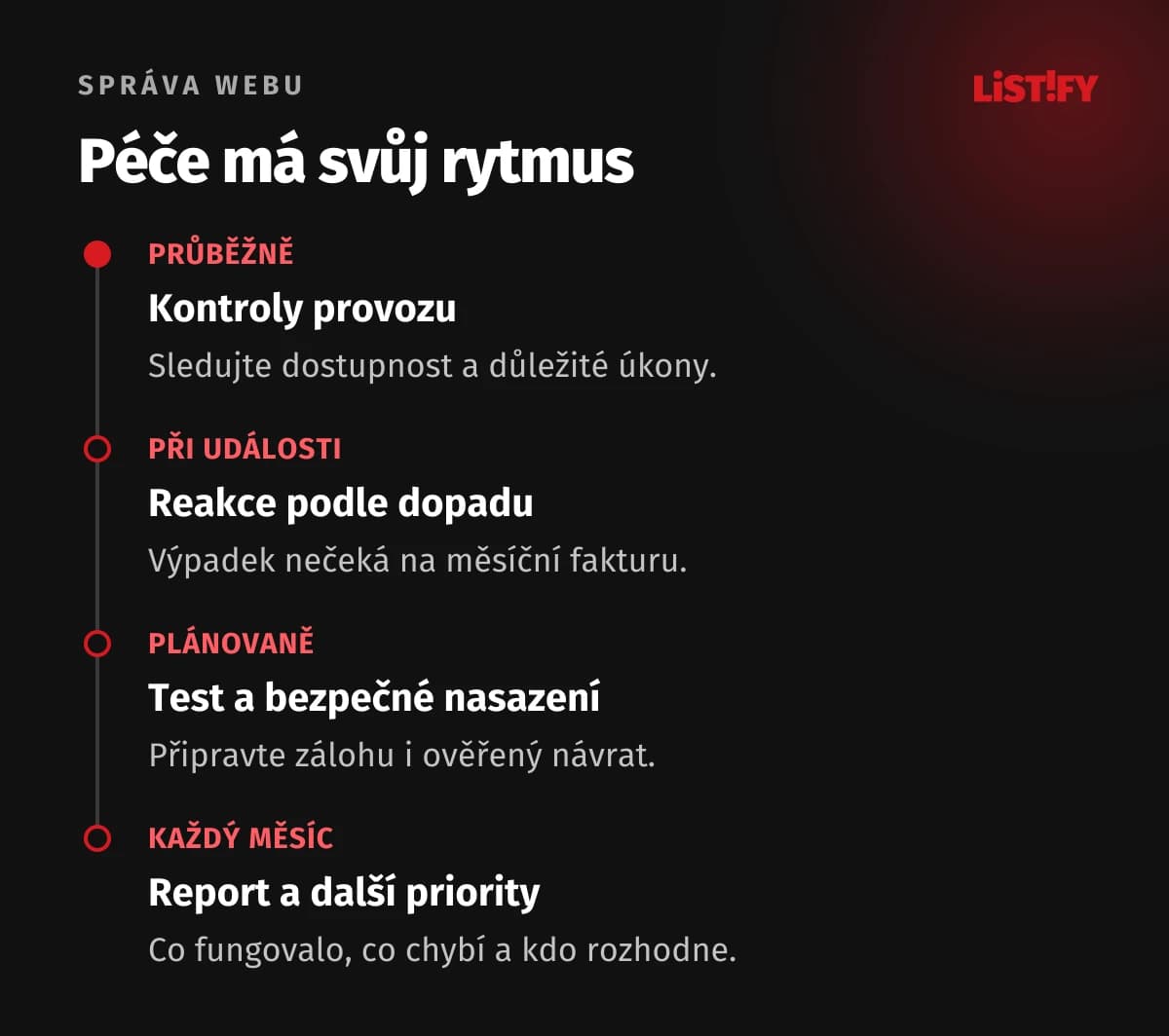 Čtyři režimy péče: průběžný dohled, reakce na událost, plánované změny a měsíční vyhodnocení