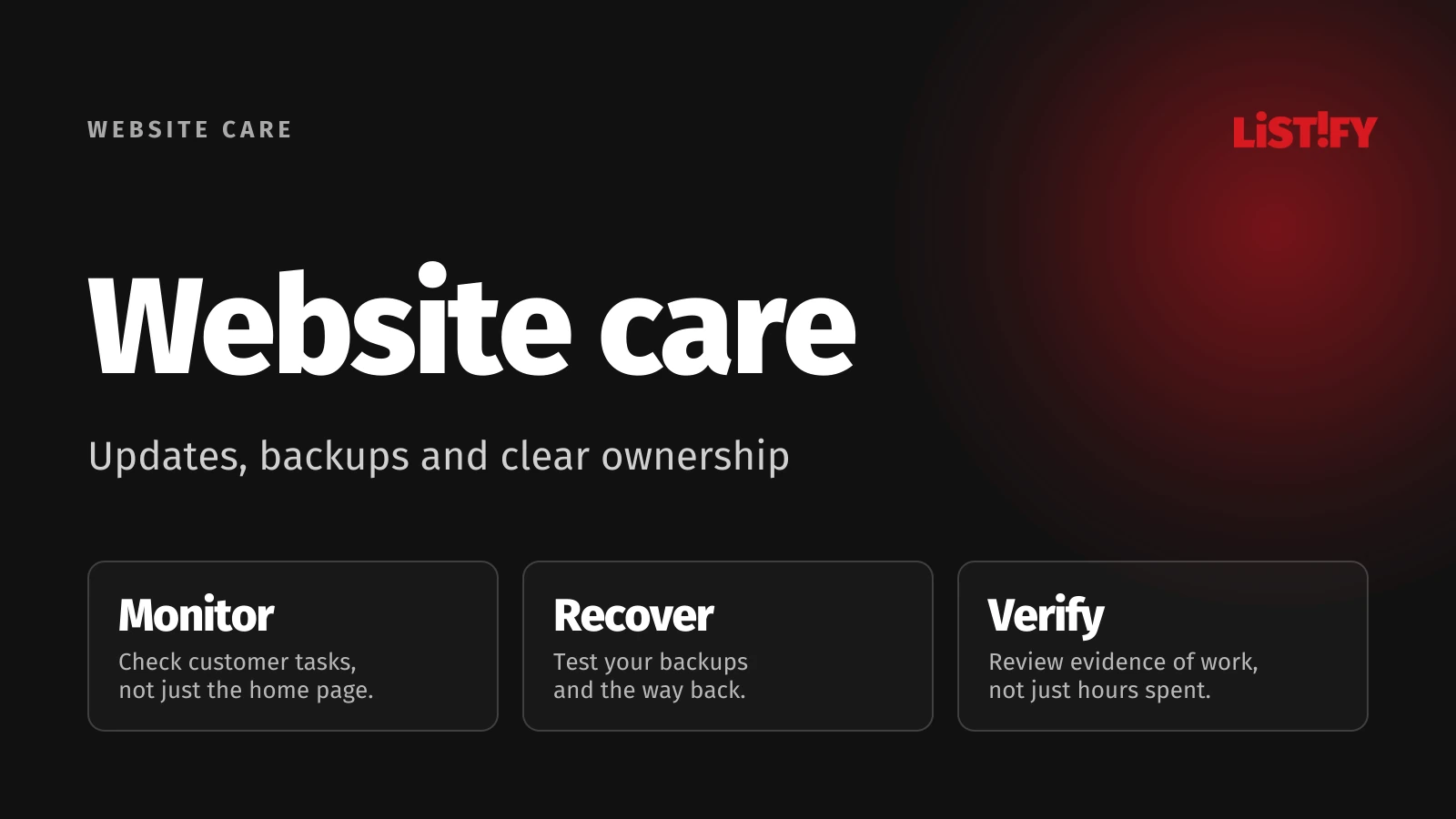 Monthly website care: monitor operations, update safely and test recovery