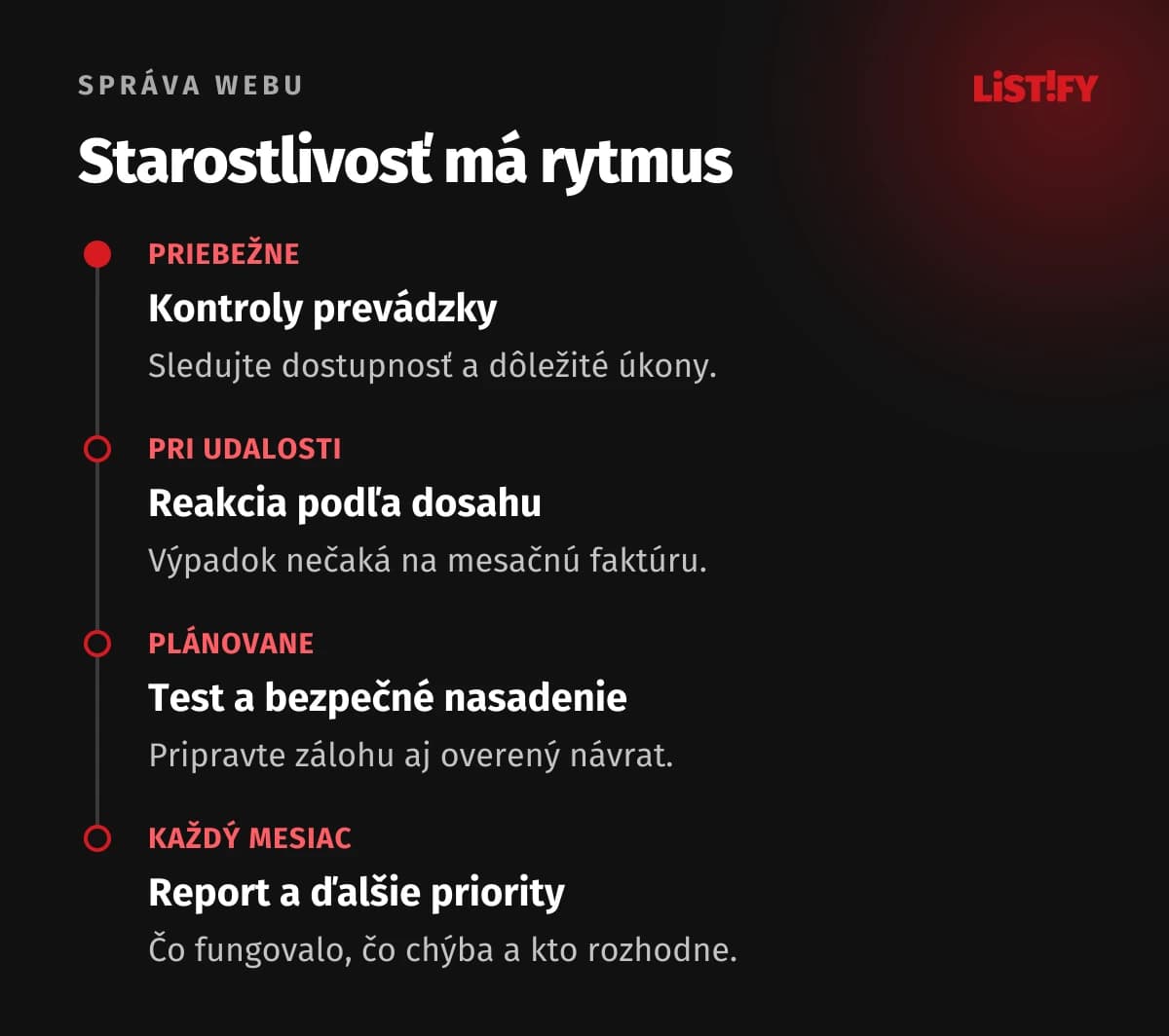 Štyri režimy starostlivosti: priebežný dohľad, reakcia na udalosť, plánované zmeny a mesačné vyhodnotenie