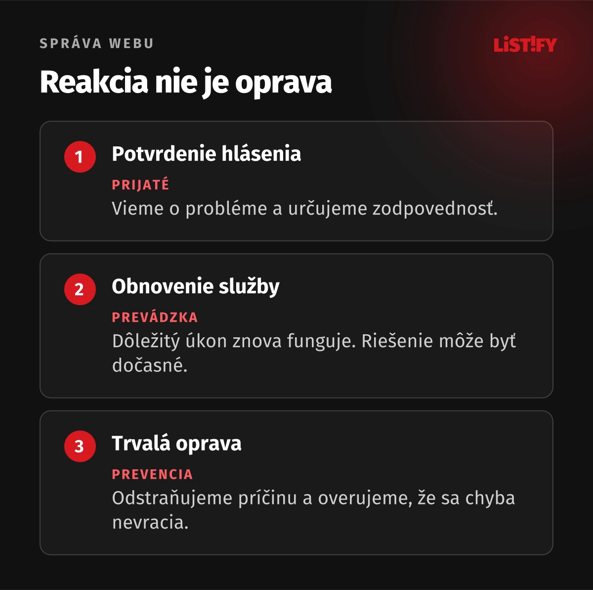 Rozdiel medzi prijatím hlásenia, obnovením služby a trvalou opravou