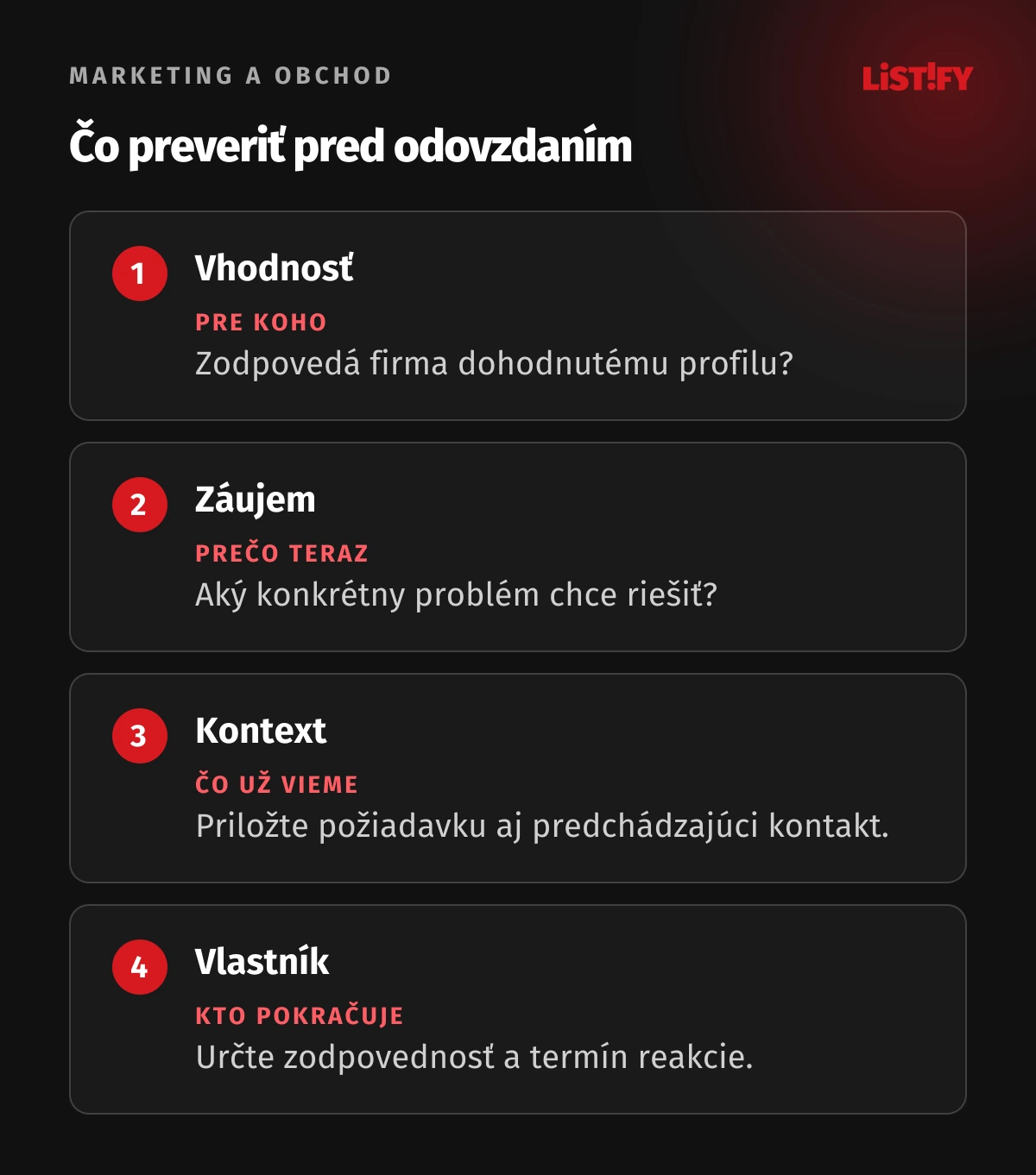 Kontrola vhodnosti firmy, záujmu, kontextu a vlastníka pri odovzdávaní leadu.