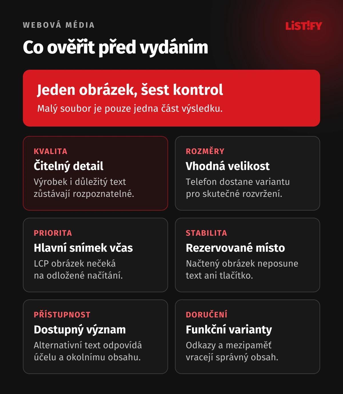 Předání médií: kvalita detailu, vhodná velikost, včasný hlavní obrázek, stabilní rozvržení, přístupný obsah a ověřené doručení.