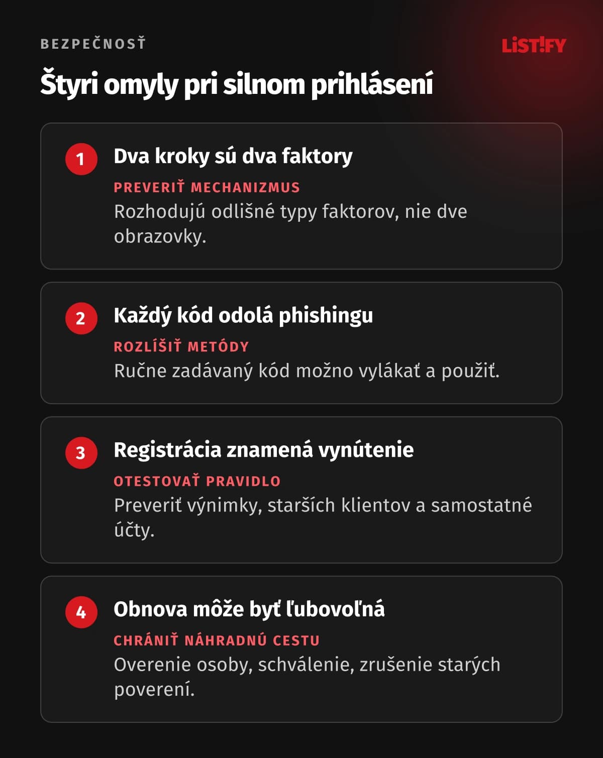 Štyri omyly pri MFA: dva kroky sú dva faktory, každý kód odolá phishingu, registrácia znamená vynútenie a náhradný prístup môže byť ľubovoľný