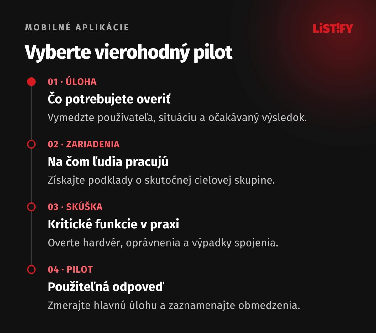 Postup výberu prvej platformy od hlavnej úlohy cez používateľov a technickú skúšku až po pilot