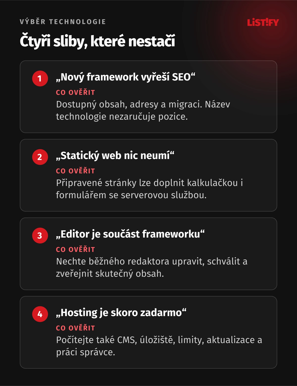 Čtyři časté omyly při výběru technologie webu: automatické SEO, omezení statického webu, editor a skryté provozní náklady.