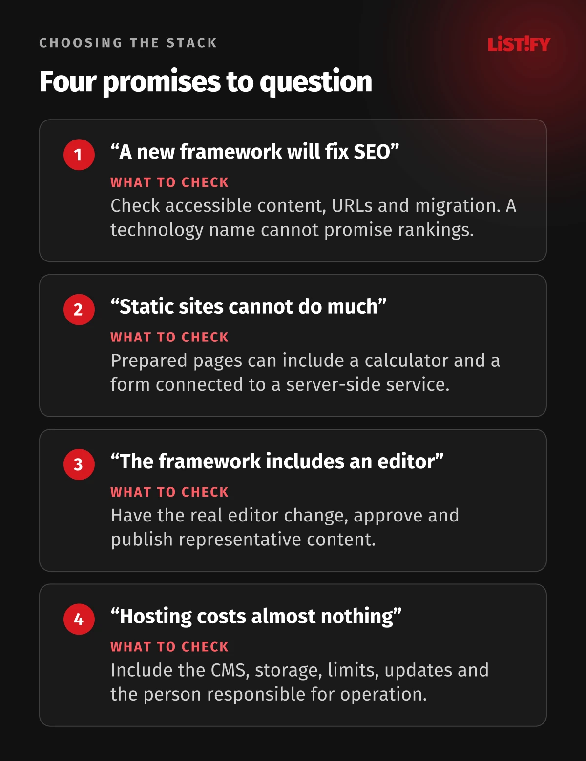 Four website technology misconceptions: automatic SEO, static site limitations, the editor and hidden operating costs.