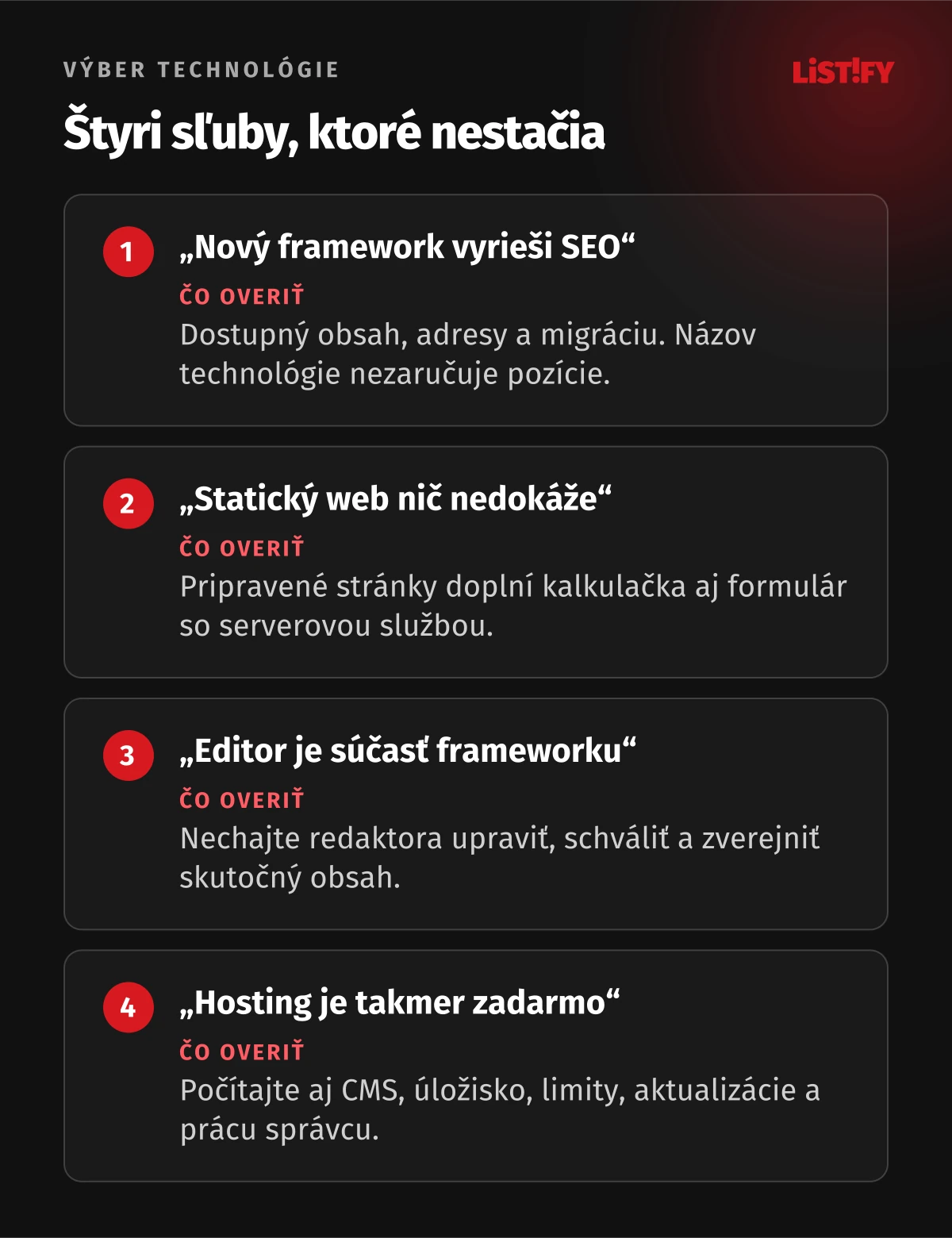 Štyri časté omyly pri výbere technológie webu: automatické SEO, obmedzenia statického webu, editor a skryté prevádzkové náklady.