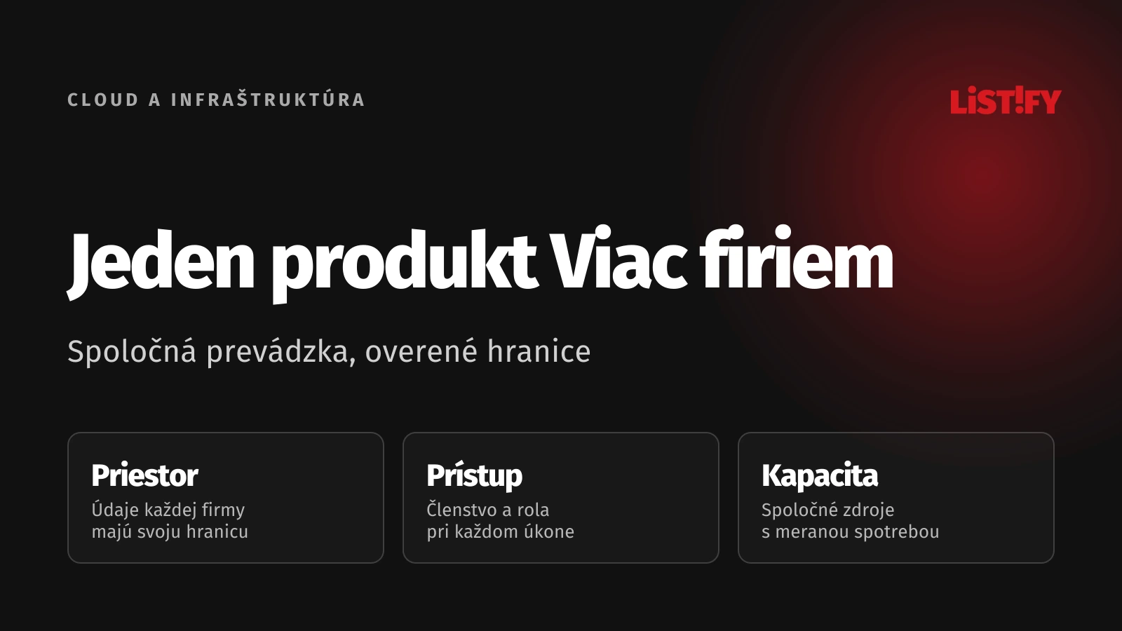 Multitenant architektúra: oddelenie firiem, správa prístupov a spoločná kapacita.