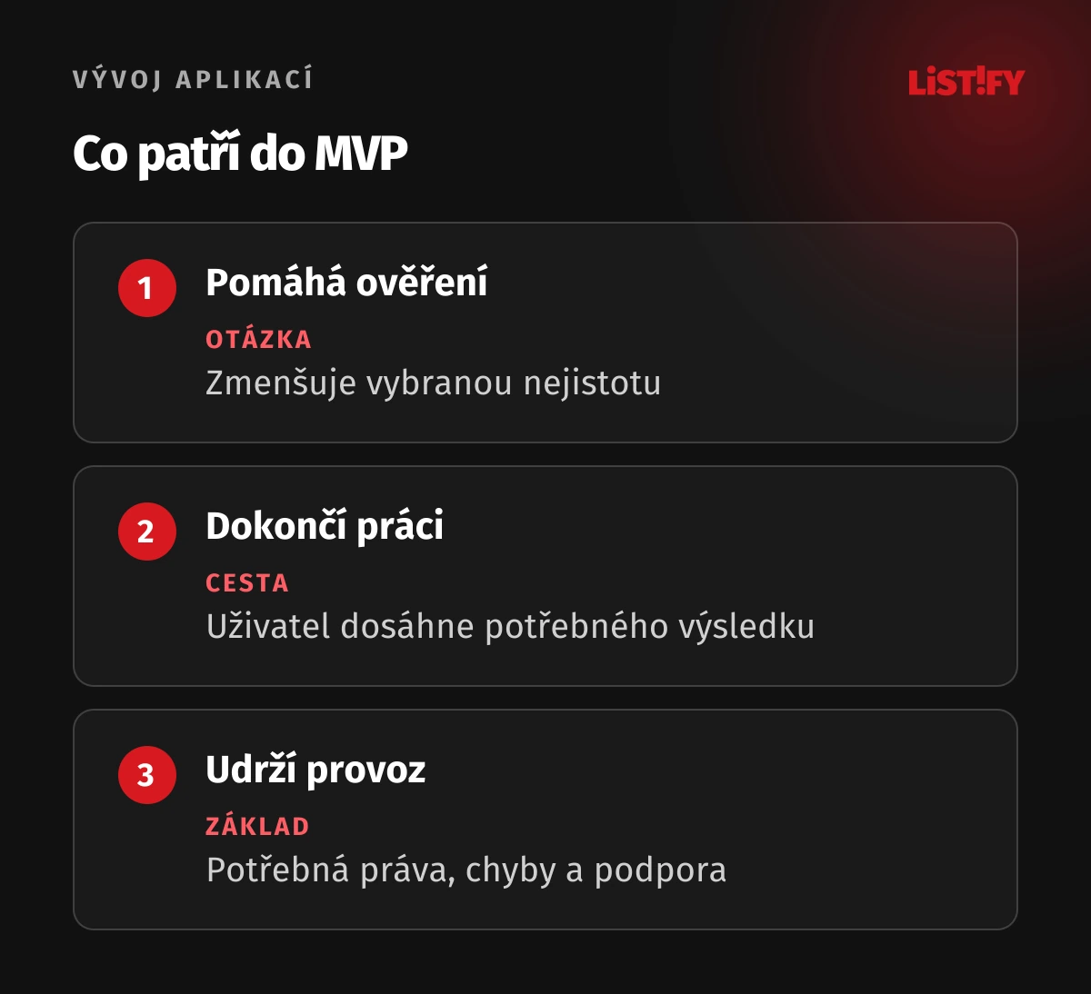 Tři otázky pro rozsah MVP: ověřuje nejistotu, dokončí práci a chrání potřebný provoz